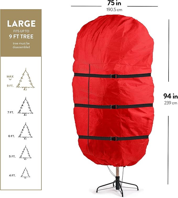 ZOBER Upright Christmas Tree Storage Bag With Drawstring Hem - Oxford Waterproof Fabric Christmas Tree Bag For Storage Box For Xmas - Strong, Durable Straps & Handles (Red W/Straps, 9 Feet)
