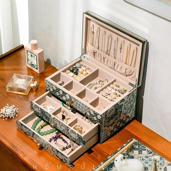 High End Glass Jewelry Box - 3 Layer Jewelry Organizer - Velvet-Lined Case For Ring, Necklace, Earring, Bracelet Storage - Black Gold Floral - Valentine's Day Gifts For Women