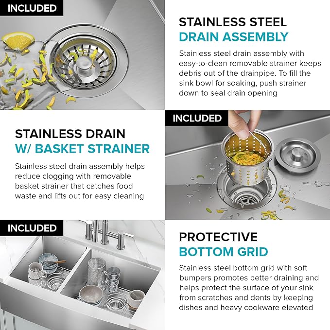 Kraus KHF204-33 Standart PRO Kitchen Stainless Steel Sink, 16 Gauge, 33" Undermount Round Apron 40/60 Double Bowl Kitchen Sink