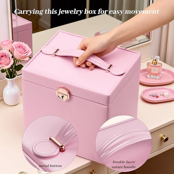EnHomee Jewelry Box for Women, 5-Layer Large Jewelry Organizer with Mirror & 4 Drawers for Rings, Earrings, Necklaces, Bracelet Lockable Case with Lock (Pink + Gold)