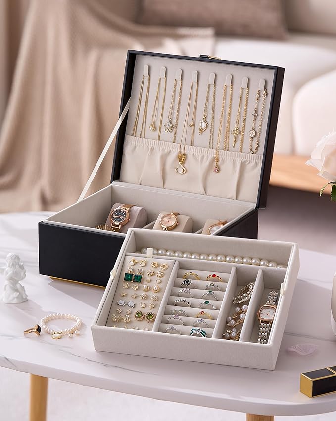 pickpiff 2 Layer Jewelry Box Organizer for Women, Jewelry Organizer with Handle & Removable Tray, Necklace Holder Ring Earring Storage, Velvet Lined Jewelry Case for Home or Travel, Gift Ready, Black
