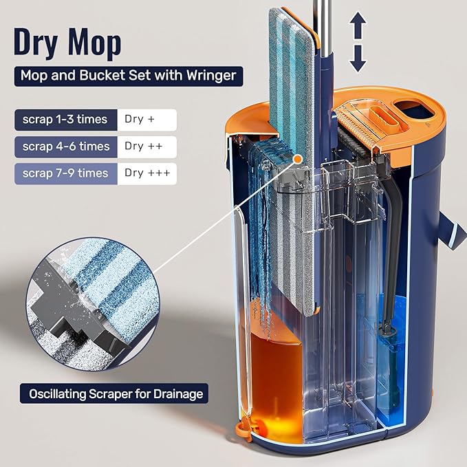 HoMettler Mop and Bucket Set with Wringer, 3-Tank Flat Mop and Bucket System, Wall Mop Cleaner with Long Handle, Hands Free Mops for Floor Cleaning with 6 Microfiber Pads