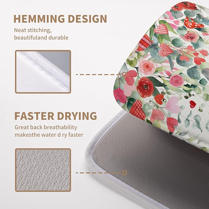 Wnoesat Valentine Dish Drying Mat for Kitchen Counter 16x18 Inch Valentines Love Heart Rose Eucalyptus Leaf Dishes Drying Pad Microfiber Absorbent Dish Draining Washable Dish Drainer Mat