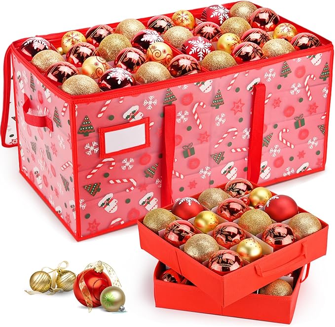 Plastic Christmas Ornament Storage Box with Adjustable Dividers, Waterproof Christmas Storage Containers Keep 128 Capacity, Dual Zippers, Ornament Organizer to Store Holiday Decor-Gloves