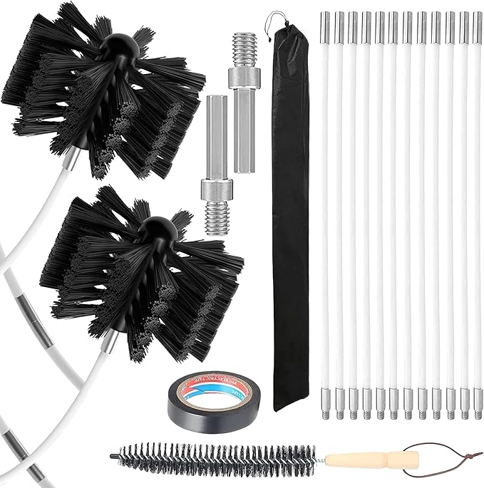 Chimney Sweep Kit Chimney Brush Kit Chimney Cleaning Kit, 16FT Dryer Vent Cleaner Kit Duct Cleaning Tools, Dryer Vent Cleaning Kit Fireplace Chimney Brushes-12pcs Flexible Rods, 2pcs 8in Chimney Brush