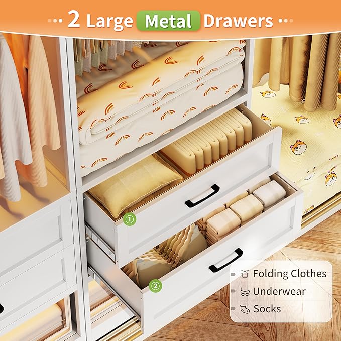 79” Closet System with 2 Drawers, 4-8 Ft Metal Closet Organizer With 4 Expandable Hanging Rods, Walk-in Closet Organizer Wardrobe Garment Clothes Rack