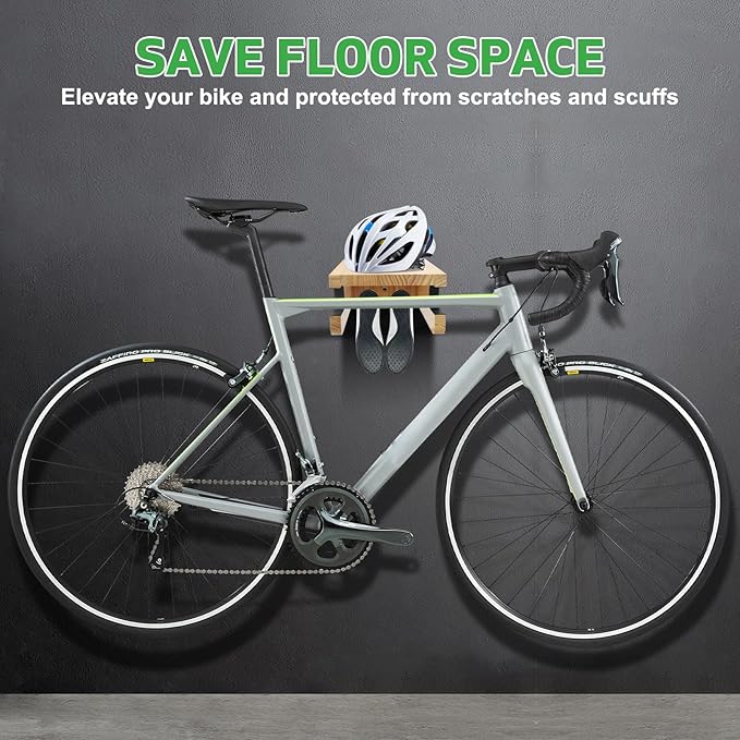 Wooden Bike Wall Mount Rack with Shelf and Hooks for Home, Space-Saving Indoor Horizontal Bike Storage Rack for Garage, Wood Wall Mounted Bike Hangers for Single Road, Mountain Bicycle