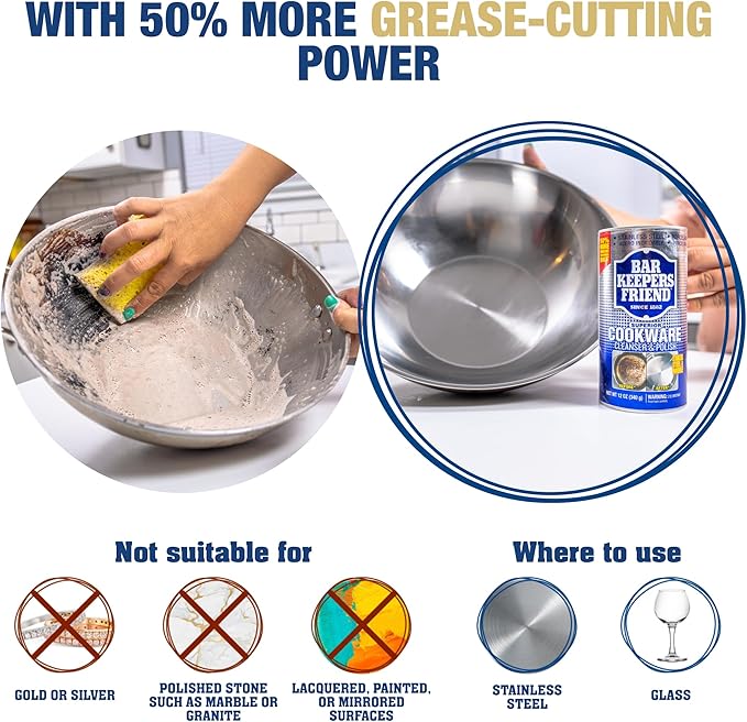 Bar Keepers Friend Cookware Cleanser & Polish (2 x 12 oz) Stainless Steel Cleaner & Degreaser for Pots, Pans, Bakeware & Grills - Removes Sticky Residue, Rust Stains & Lime Deposits