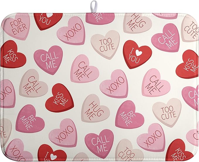 Wnoesat Valentine Love Heart Dish Drying Mat for Kitchen Counter 18x24 Inch Valentines Day Dish Mats Absorbent Microfiber Dish Draining Mat Reversible Dish Drying Rack Mat with Hanging Loop