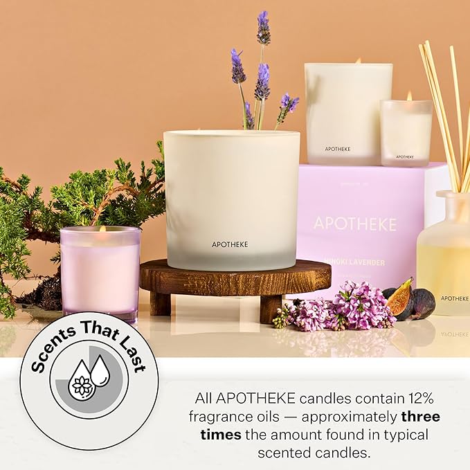 Apotheke Luxury Scented Candles for Home, Hinoki Lavender - Petite Aromatherapy Jar Candle with Soy Wax Blend