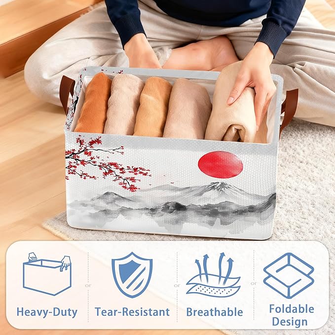 Cherry Blossom Collapsible Storage Box,Red Sun Japan Organizer Bin with Handles for Room Decoration,Bins Book Basket Box 17x11.5x10Inch