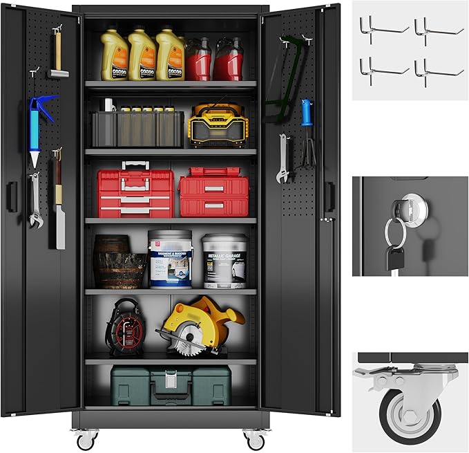 71" H Garage Storage Cabinet with Wheels and Pegboard,Lockable Metal Storage Cabinet with 5 Adjustable Shelves and Door for Garage, Office, Home, Assembly Required，Black