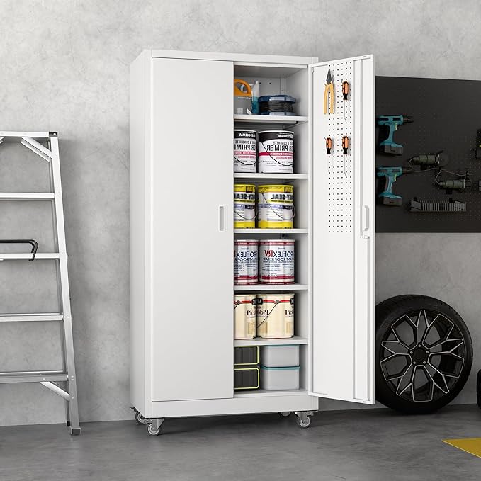 Reemoon71 H×32" W×16" D Metal Storage Cabinet with 5 Adjustable Shelves and Pegboard,Metal Garage Storage Cabinet with Wheels for Garage Home Office Utility Room,Required Assembly,White
