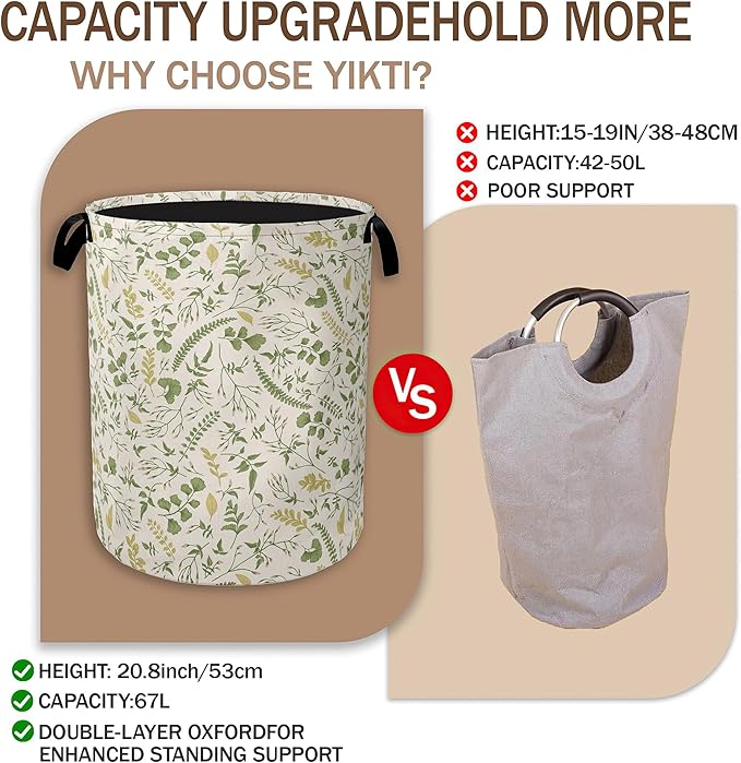 Green Herb Leaves Laundry Hamper,Rustic Wildflower Collapsible Laundry Baskets,Waterproof Oxford Cloth Laundry Room Organization for Bedroom,Bathroom,Nursery,16x20 Inch