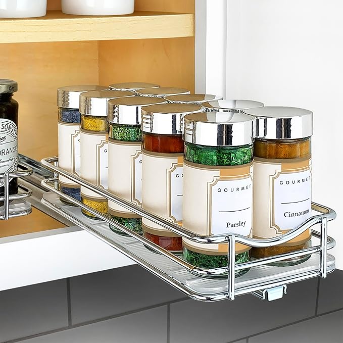 LYNK PROFESSIONAL® Pull Out Spice Rack Organizer for Inside Kitchen Cabinets - 4-3/8 inch Wide - Slide Out Drawer – Chrome Sliding Spice Cabinet Organization Shelf Racks - 1 Tier