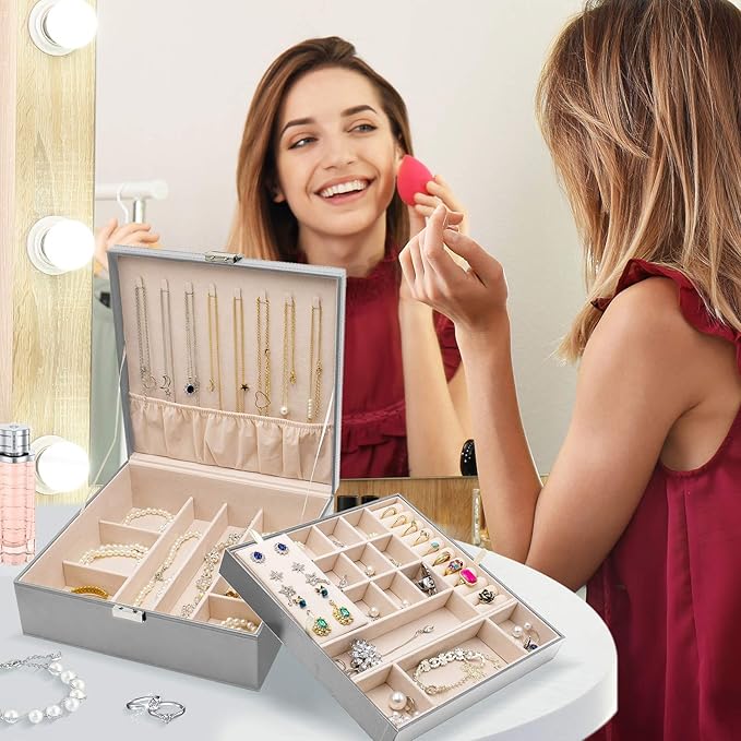 ProCase Jewelry Box for Women, 2 Layers Large Leather Jewelry Organizer Storage Case with Removable Pad for Earrings -Grey