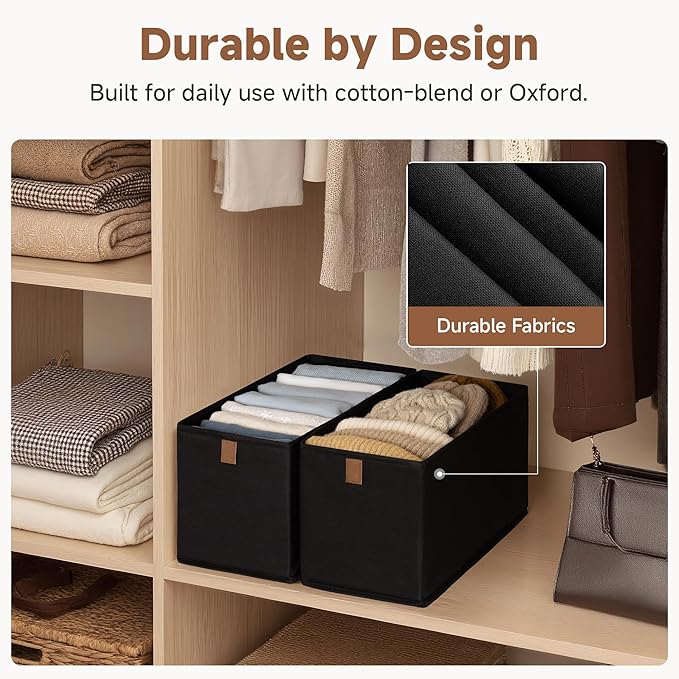 StorageWorks Fabric Storage Bins, Narrow Baskets for Storage, Small Baskets for Organizing with PU Handle, Suitable for Clothes, Books, and Toys, Black, 4-Pack