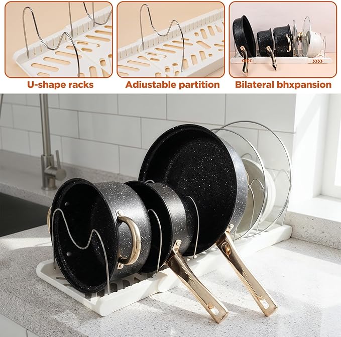 Oqqlin 2 Pcs Expandable Pot and Pan Organizer, Adjustable Pot Lid Holder with 7 Dividers Under Cabinet White Plastic Cookware Rack for Kitchen, Cabinet, Cookware - Space-Saving