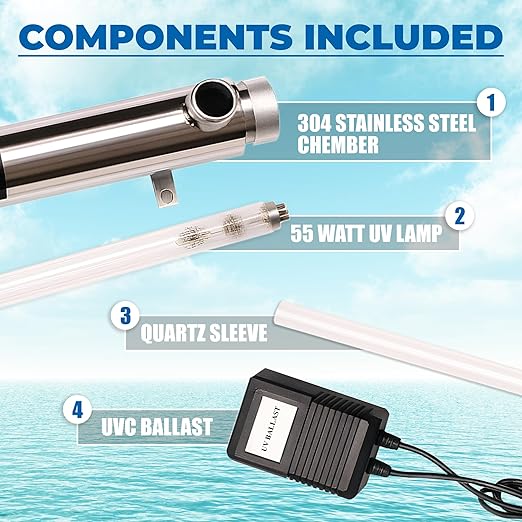 Ozmosis Whole House Ultraviolet Water Purifier Filter – 55W, 120V Stainless Steel UV Unit, 1/2" MNPT Inlet/Outlet, 18 GPM, LED Ballast with O-Rings & Mounting Brackets