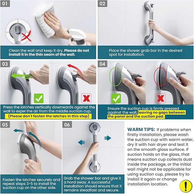 TAILI Shower Grab Bar 16 Inch Suction Cup Grab Bars for Bathroom, Removable Shower Safety Handle Heavy Duty Bathtub Grip for Seniors & Elderly, Strong Handrails No Drilling Waterproof, Silver