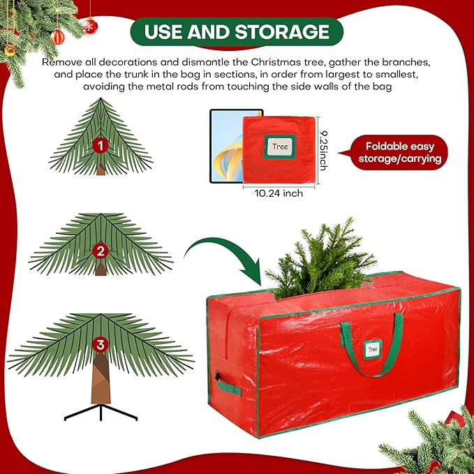 Christmas Tree Storage Bag, For 7.5ft Disassembled Xmas Tree, Heavy Duty Christmas Tree Storage Bag with Sturdy Handles, Tag Card Slot, Zipper, Dust-Resistant and Water-Resistant（Red）