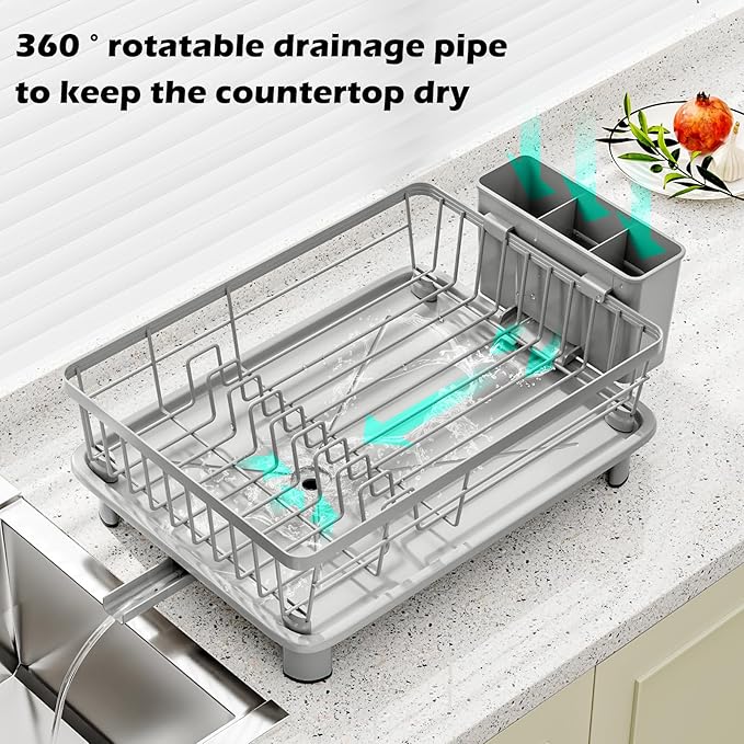 BULIJUJU Small Dish Drying Rack, Space Saving Dish Racks for Kitchen Counter, Kitchen Organizer Dish Drainer with Cutlery Holder for Spoons and Forks, 11''W x 15''L, Gray