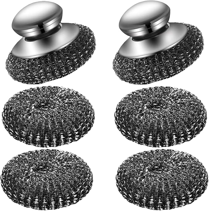 Ahasyyinan 6 Pcs Steel Wool Scrubber, Stainless Steel Scrubber Pads for Cleaning Dishes, Cast Iron, Grill, Stove, Oven, Sink, Stubborn Messes (2 Scrubber + 4 Pads)