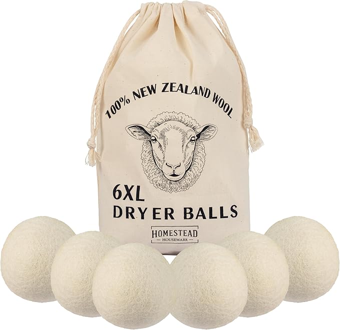 Homestead Houseware XL Wool Dryer Balls 6-Pack – 100% New Zealand Wool, Natural Fabric Softener & Static Reducer, Reusable Laundry Balls for Pet Hair, Eco-Friendly Dryer Sheets Alternative