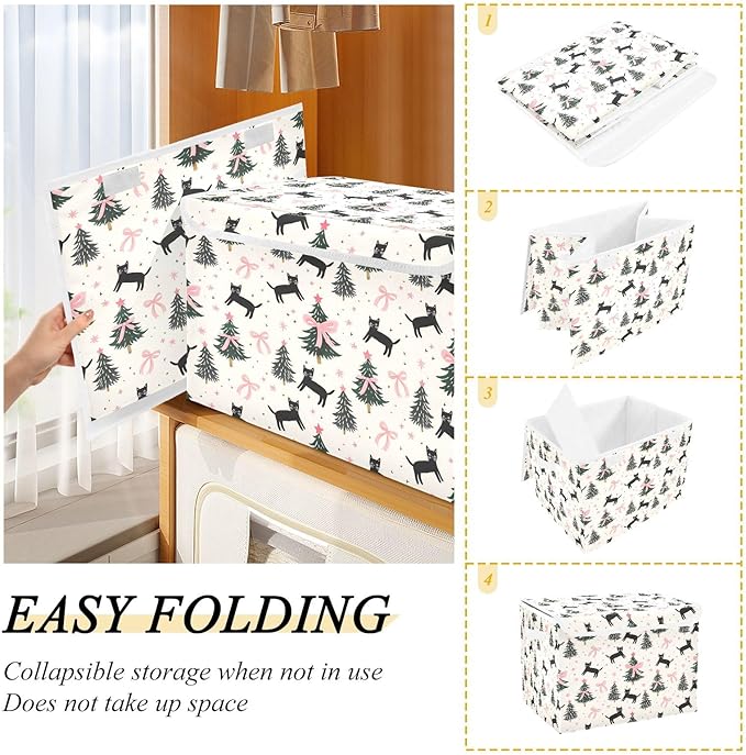 Bolaz Storage Bins with Lids and Handles,Pink Bows Cats Christmas Tree Pattern Storage Box Basket with Cover Collapsible Organizer Containers for Home Closet, Shelves