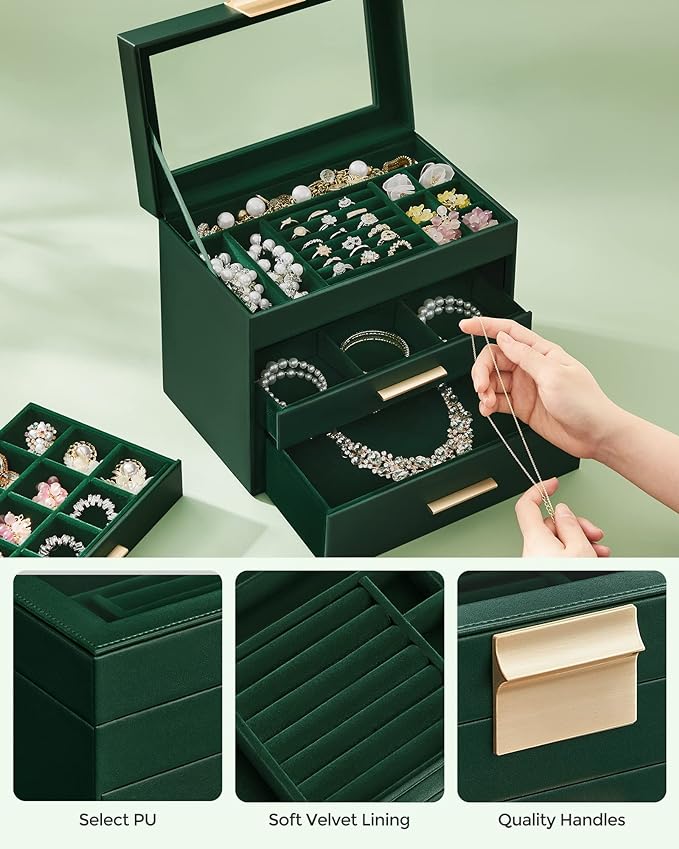 SONGMICS Jewelry Box Organizer with Glass Lid, 4-Layer Jewelry Storage, with 3 Drawers, Modern Style, 6 x 9.9 x 8.5 Inches, Forest Green and Gold Color UJBC161G01