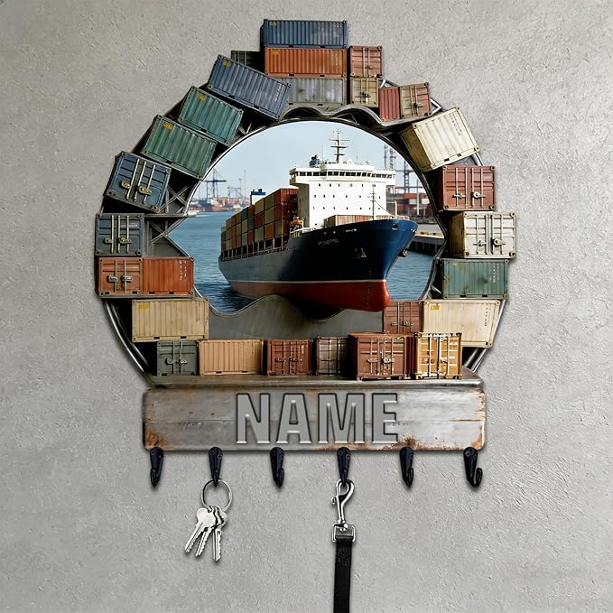 Personalized Wooden 2D Flat Print Container Ship Themed Wall Hooks for Living Room Hallway Office Custom Name Container Crane Coat Rack Port Transportation Key Storage Holder for Women Men Friends