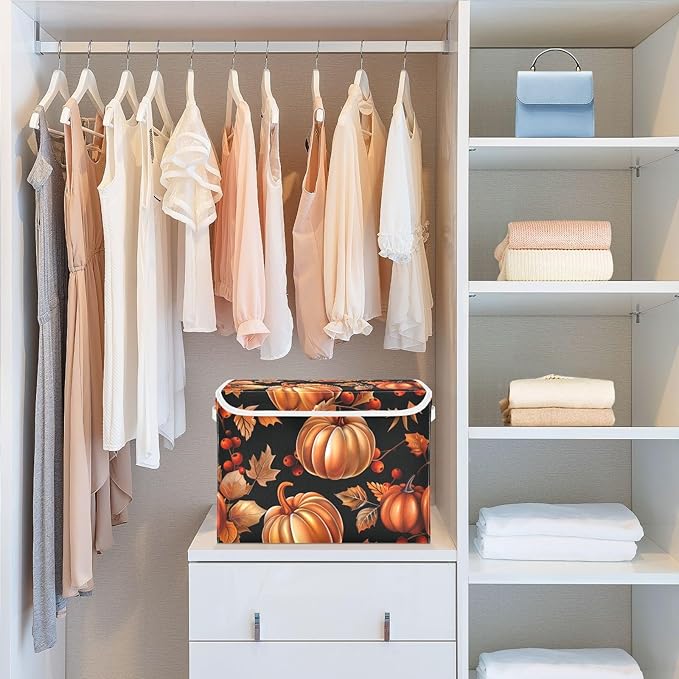 Thanksgiving Baskets Collapsible Storage Bins with Lids, Autumn Pattern Pumpkins Storage Boxes Clothes Baskets for Organizing