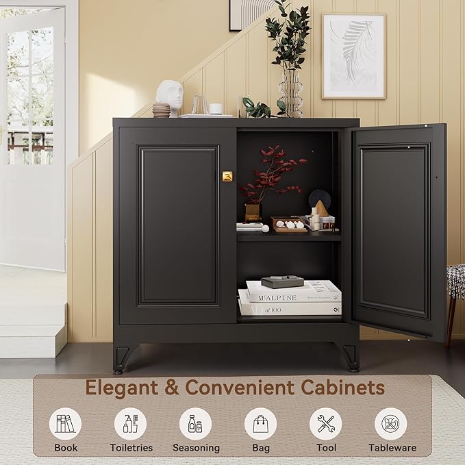 Sideboard Buffet Cabinet, 33" H Sideboard Buffet Storage Cabinet with Doors and Shelves, Coffee Bar, Metal Side Board Cabinets for Living Room, Assembly Required, Black