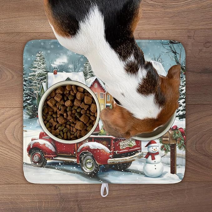 Christmas Dish Drying Mat for Kitchen Counter 18x16 Inch Xmas Red Truck Drying Mat with Absorbent Reversible Microfiber House Snowman Winter Dish Drainer Mats Rack Pad for Coffee Countertop Protector