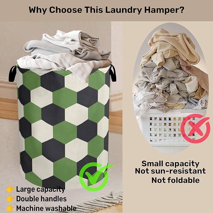 Soccer Large Clothes Hamper Bag - Laundry Basket with Handles, Space Saving Foldable Design for Nursery