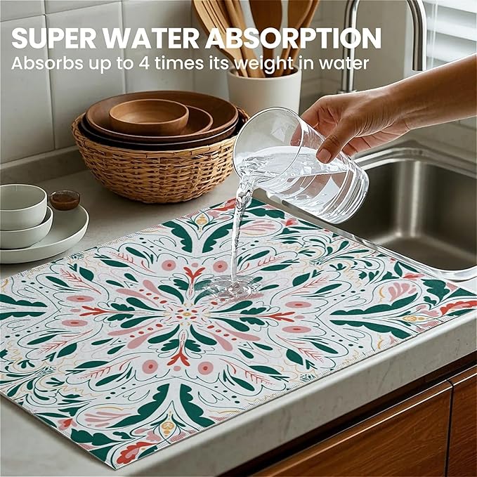 Dish Drying Mat For Kitchen Counter, Garden Tulips Microfiber Absorbent Dish Drainer Rack Pad Reusable Large 18x24in Drying Mat