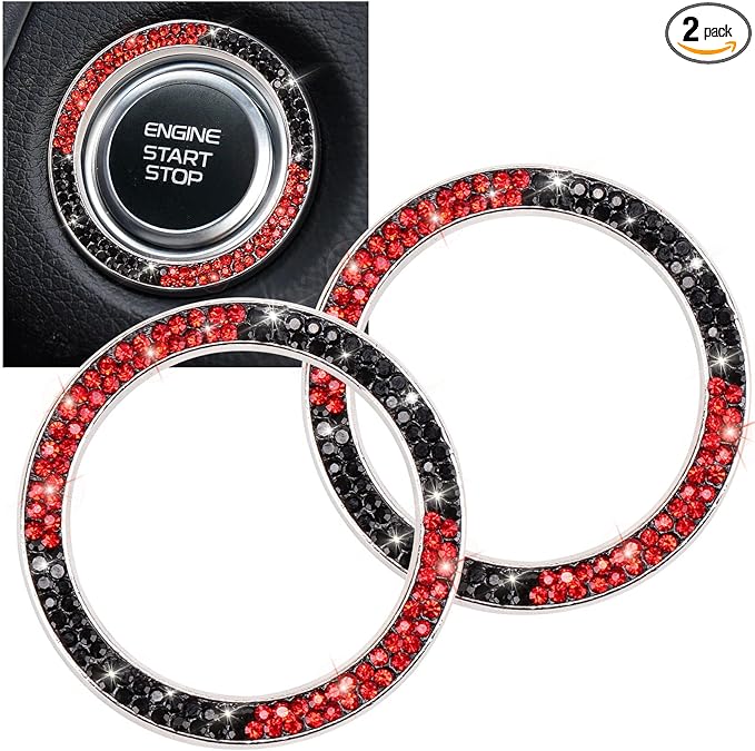 ToBeQueen Black and Red Bling Push Button Start Ring Emblem Sticker,Crystal Rhinestone Interior Engine Start Stop Car Bling Ring Decoration for Women, Pure Handmade Diamond Decor,Red and Black