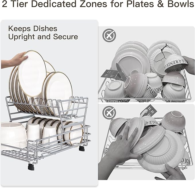BOOSINY 2 Tier Turquoise Large Stainless Steel Dish Drainers Drying Rack for Kitchen Counter with Drainboard, Rust Proof Metal, Space Saving, Modern Aesthetic, Compact Plates Strainers with Extra Mat