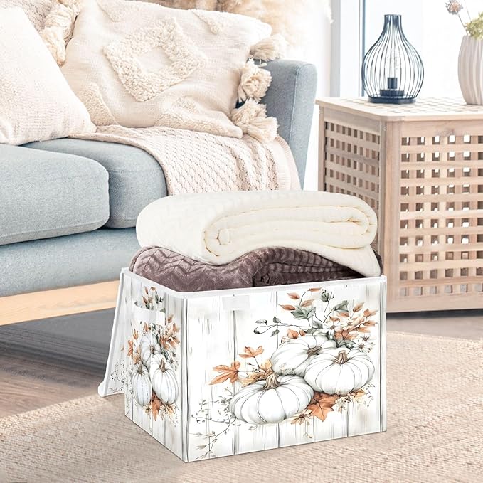 Bolaz Storage Bins with Lids and Handles,White Pumpkin Wood Storage Box Basket with Cover Collapsible Organizer Containers for Home Closet, Shelves
