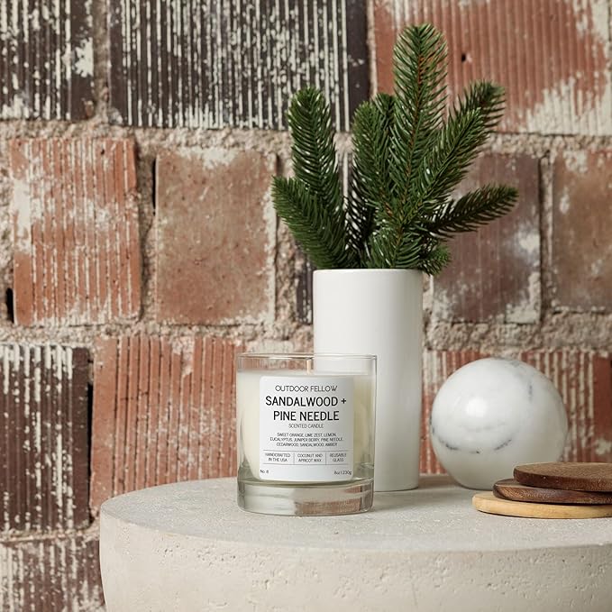 Outdoor Fellow Sandalwood + Pine Needle Scented Candle, 8oz, Coconut & Apricot Wax Blend, Sandalwood, Pine Needle, Eucalyptus, Reusable Glass, 40-50 Hour Burn Time