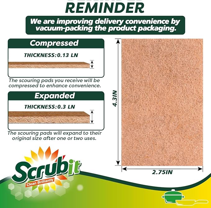 SCRUBIT Biodegradable Natural Scouring Pad Eco Friendly Scrub Pads for Kitchen Cleaning, Dishes, and Pots - Non-Scratch Compostable Coconut Walnut Scrubbers - 100% Natural Sisal Fibers (50)