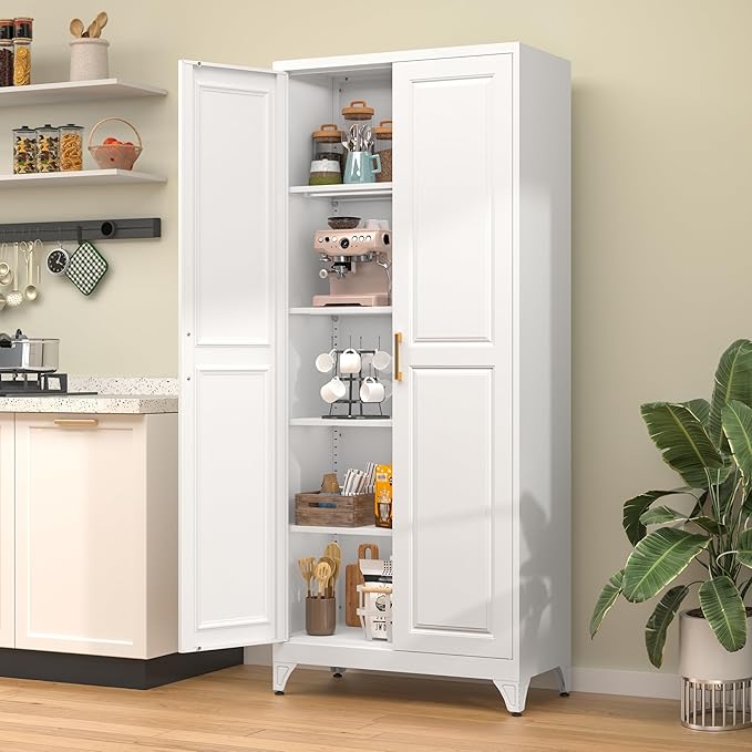 75” Metal Tall Kitchen Pantry Cabinet,Metal Storage Cabinet with Doors and Adjustable Shelves,Modern Kitchen Hutch Cabinets,Freestanding Cupboard for Dining Living Room