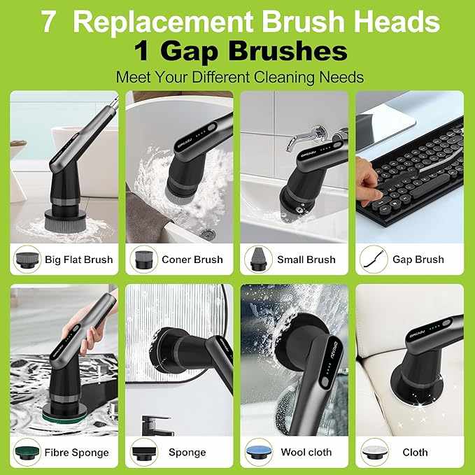 Dreazu G2-Pro Electric Spin Scrubber - Upgraded 10-in-1 scrubber brush electric, Retractable Handle & 2-Speed for Bathroom, Bathtub, Kitchen, Tile Floors(Gray Brush Head）