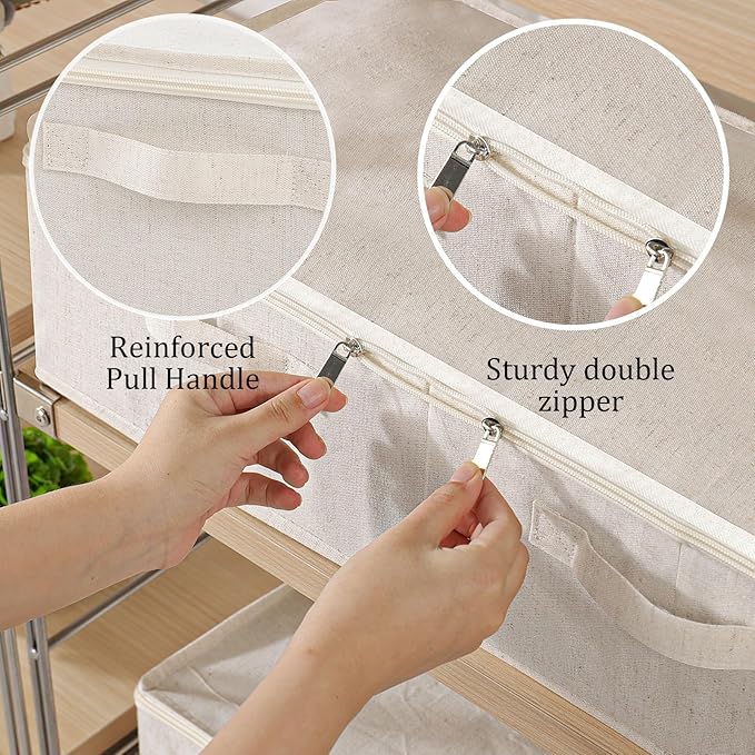 ENUMAIL Underbed Storage Bins Drawer, Foldable Under Bed Boxes, Fabric Closet Container with Lid for Organizing Clothes, Sheets, Blankets, Comforter, 31.4x15.7x5.9in, Beige, 3 Pack