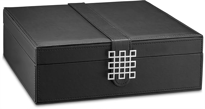Glenor Co 12 Section Necklace Organizer - Large Mirror - 2 Trays - PU Leather - Black - Jewelry Box - Modern Buckle Closure - Fits Necklace & Bracelet - Jewelry Holder for Women Teens & Girls