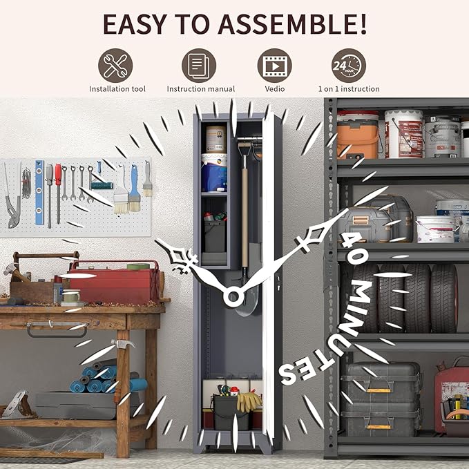 65"H Slim Broom Storage Cabinets, Metal Lockable Storage Cabinet with Single Door, Utility Cabinet for Brooms and Mops, Cleaning Storage Cabinet with Hanging Rod & S-Hooks for Bathroom, Garage
