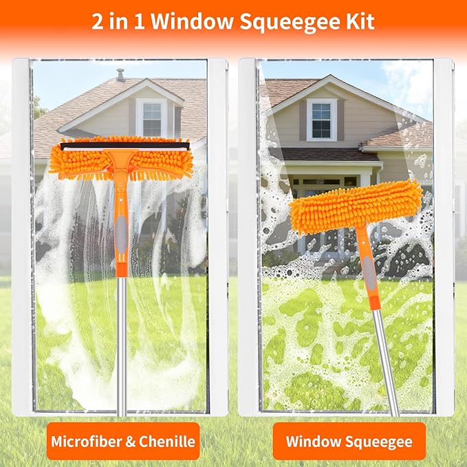 152'' Window Cleaning Kit, 2 in 1 Window Squeegee with Extension Poles, Window Cleaner Tools for Indoor/Outdoor High Window, Car, Glass