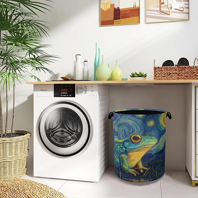 Frog Laundry Basket,Starry Night Moon Foldable Oxford Cloth Tote Bag Laundry Hamper Clothes Storage Bucket Organizer for Bedroom Laundry Storage Dormitories 16" x 20.8"