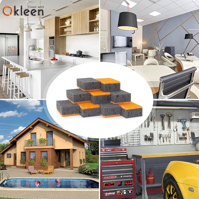 Okleen Black & Orange Multi Use Scrub Sponges. Made in Europe. 9 Pack, 4.3x2.8x1.4 inches. Heavy Duty and Non Scratch Fiber. Odorless Durable and Delicate Scrubber. Halloween Edition
