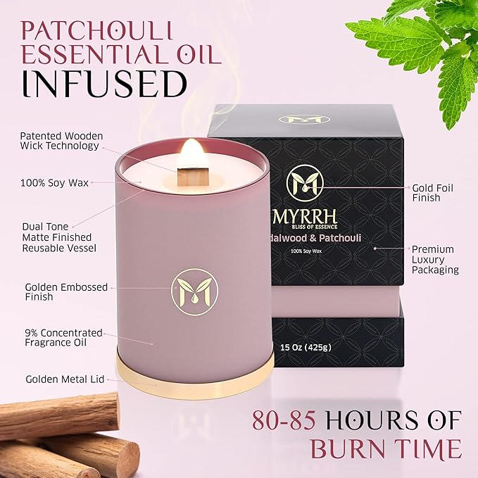 MyrrhUSA Sandalwood Patchouli Scented Candle – 15 oz Natural Soy Wax with Crackling Wooden Wick & Essential Oils, 80 Hour Burn, Luxury Aromatherapy Candle for Relaxation, Home Décor & Gift Purpose